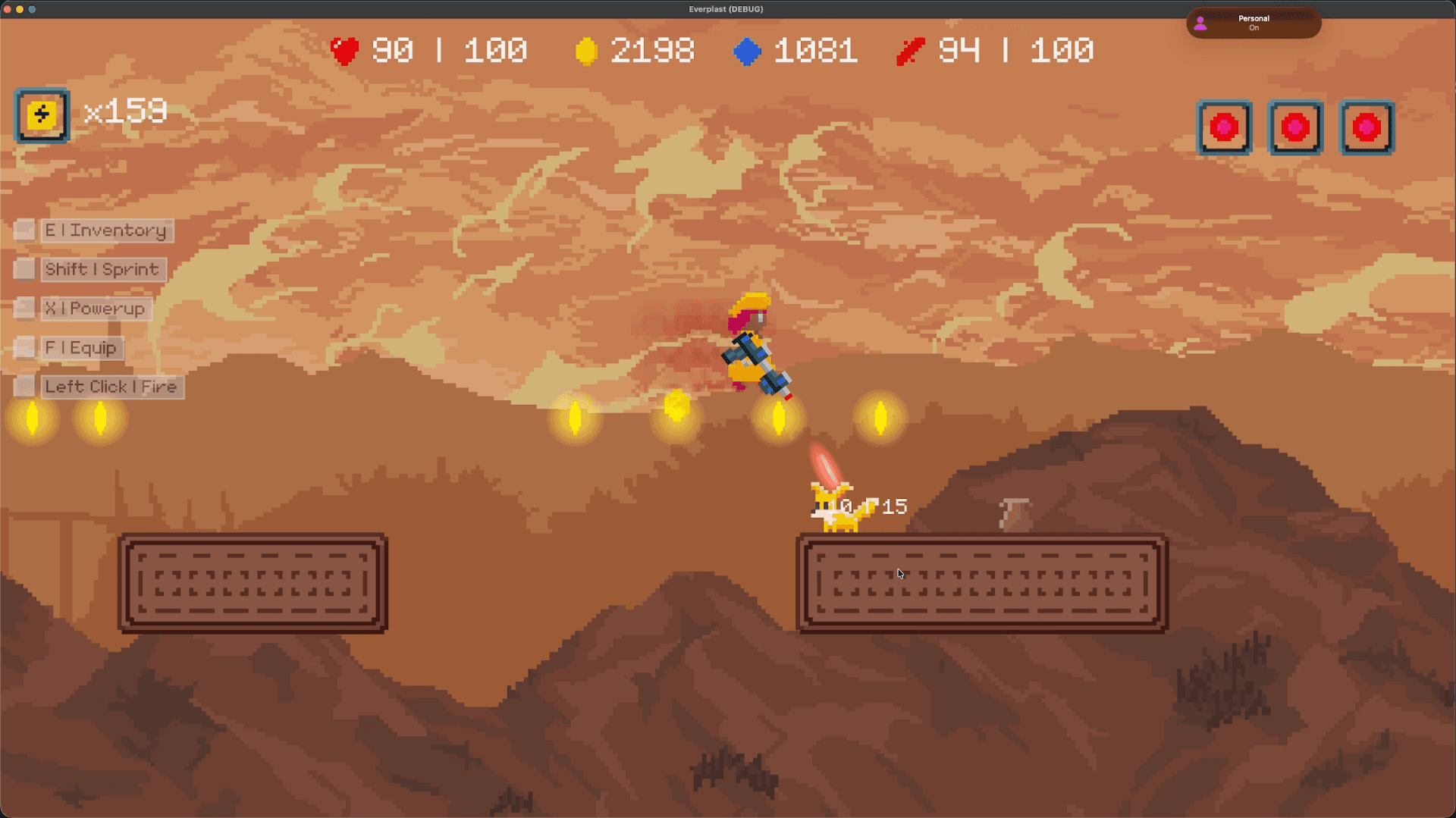Everplast combat — player firing at an enemy
