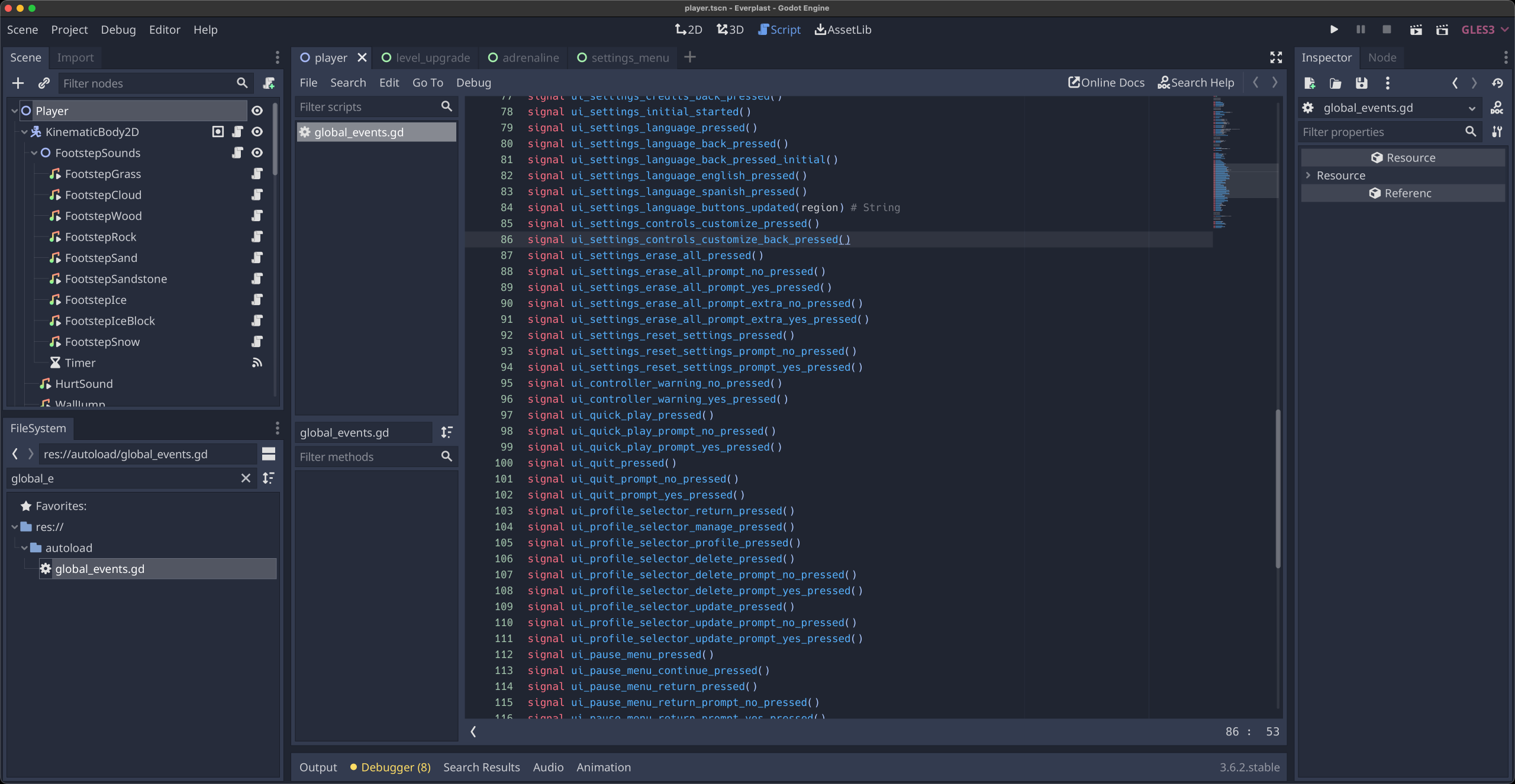 global_events.gd showing the long list of signal declarations for every UI action