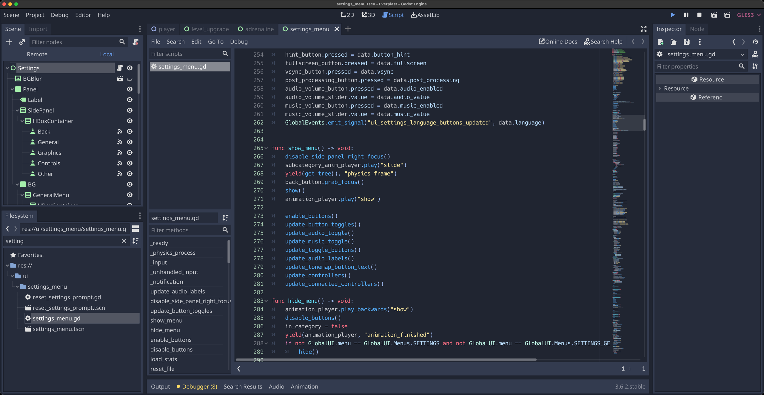 settings_menu.gd open in the Godot script editor showing the file length and code structure