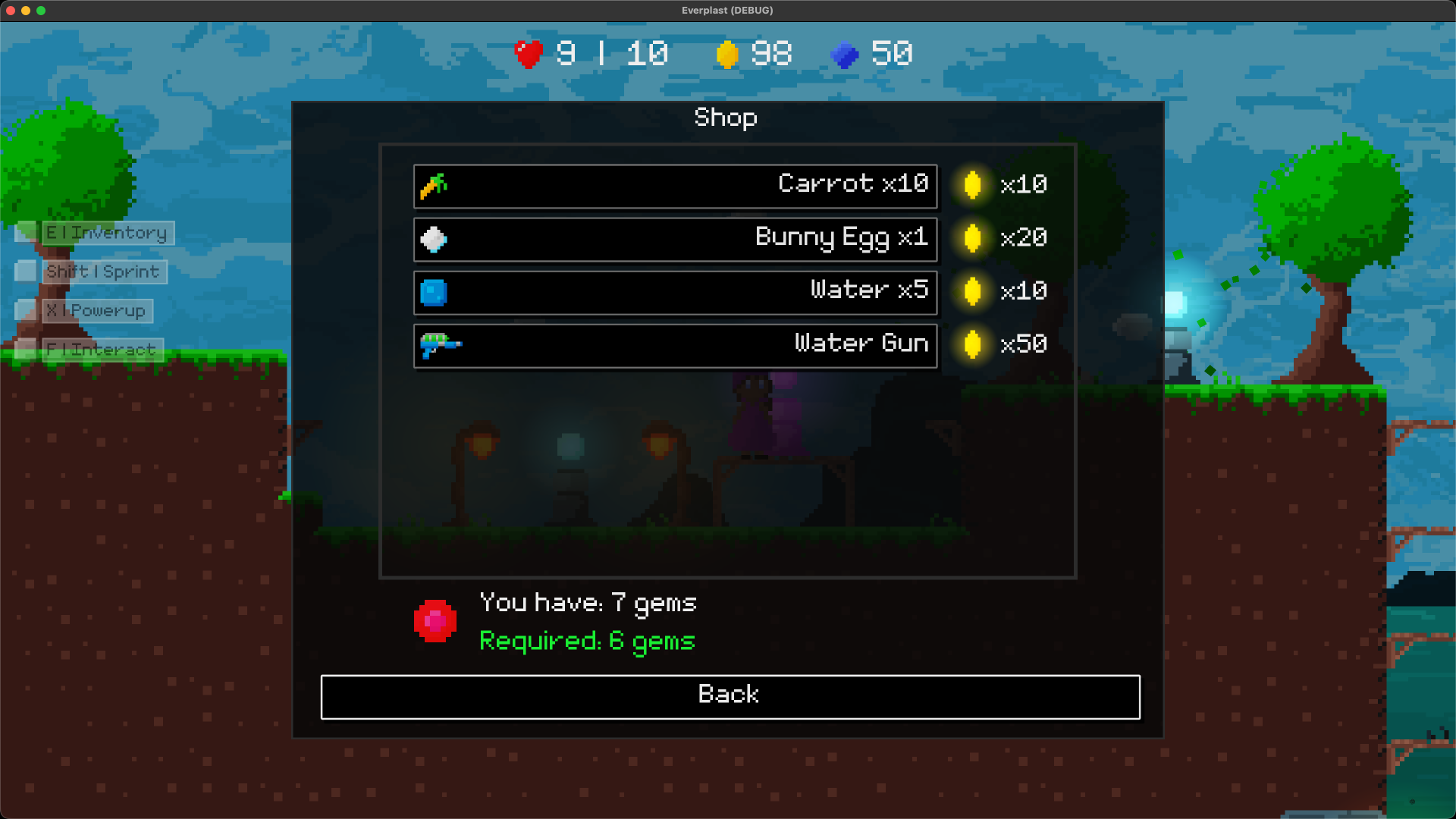 In-game shop UI showing weapon and powerup purchases