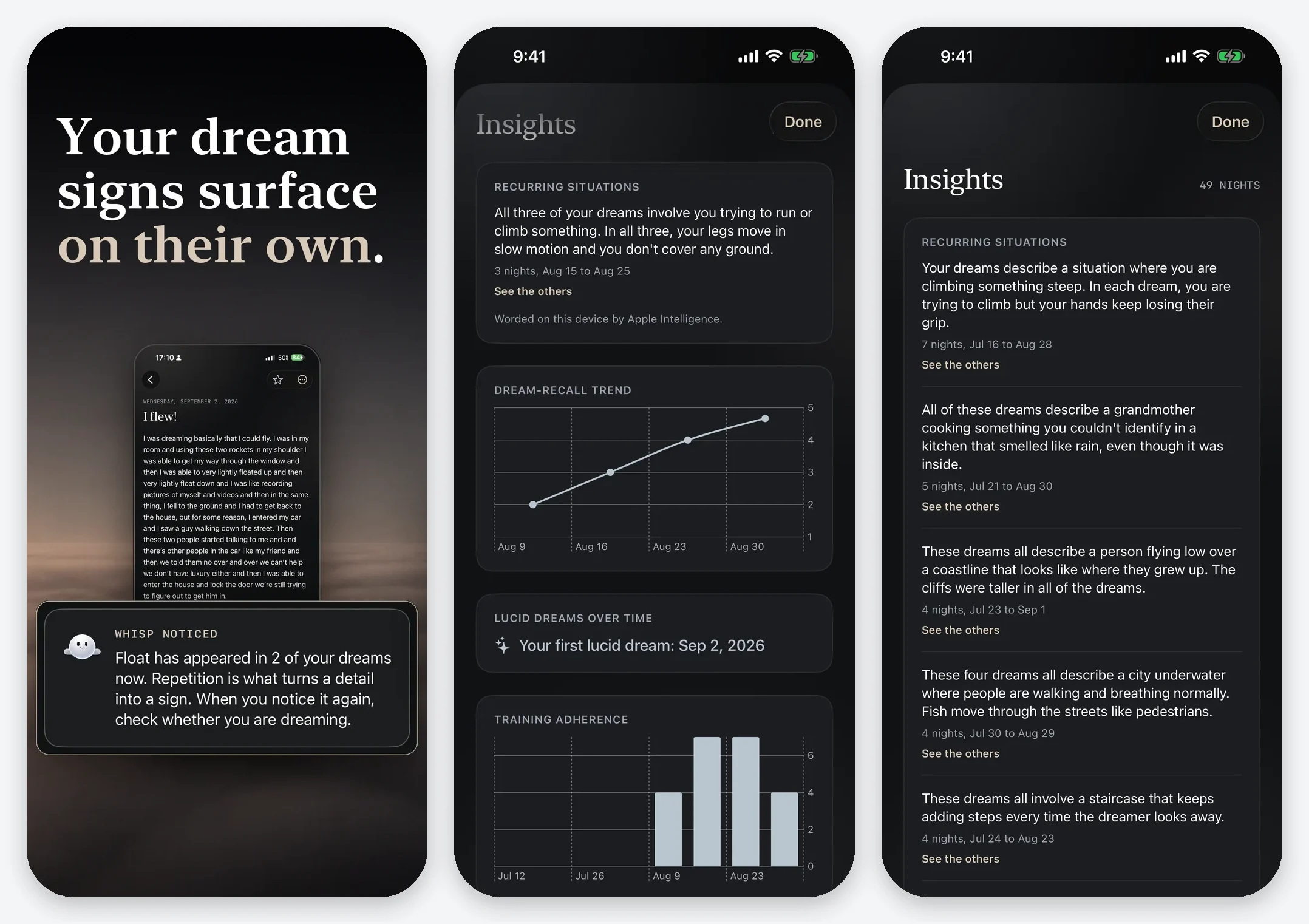 The dream signs App Store frame and two Insights screens showing recurring situations and a dream recall trend