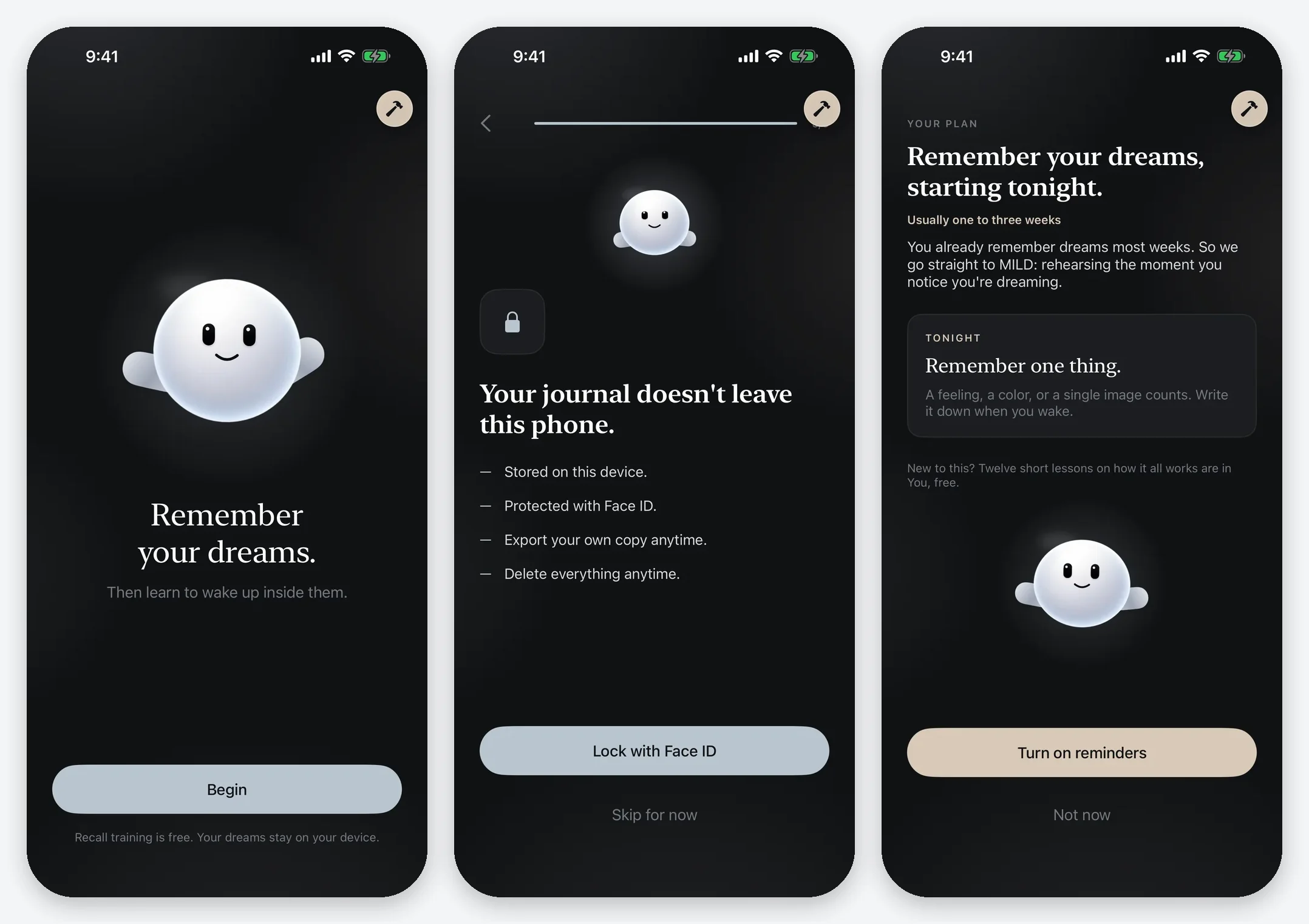 Three onboarding screens: Remember your dreams, Your journal doesn't leave this phone, and Your plan