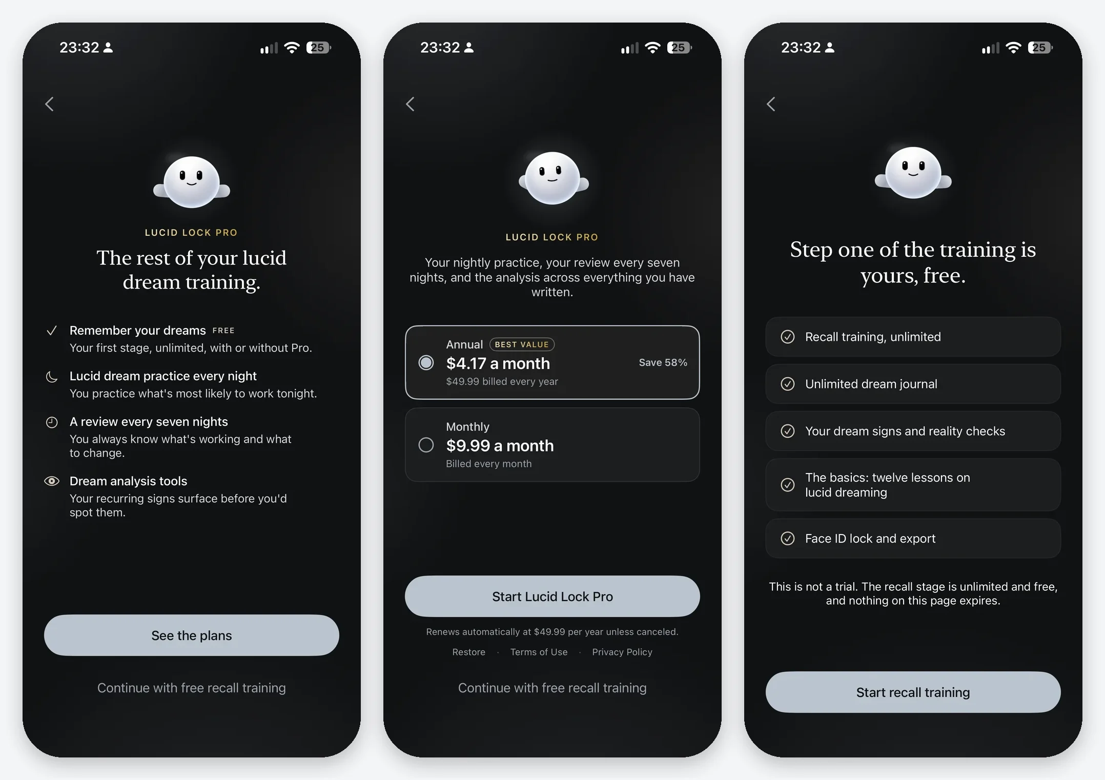 The Pro pitch, the paywall with annual and monthly plans, and the free recall screen shown after declining