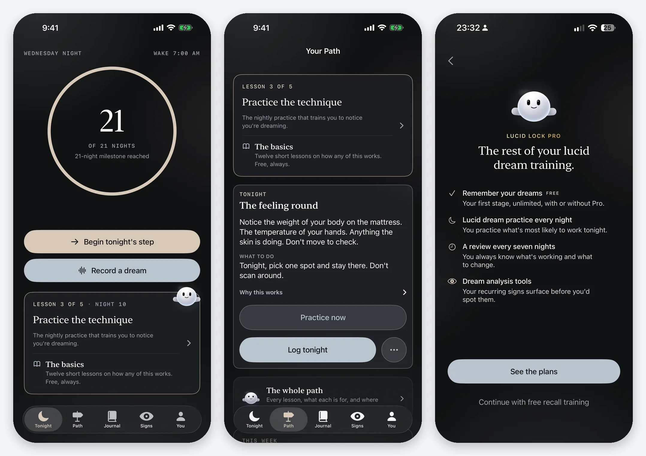 Three screens: Tonight with a 21-night milestone, the training Path, and the Lucid Lock Pro offer