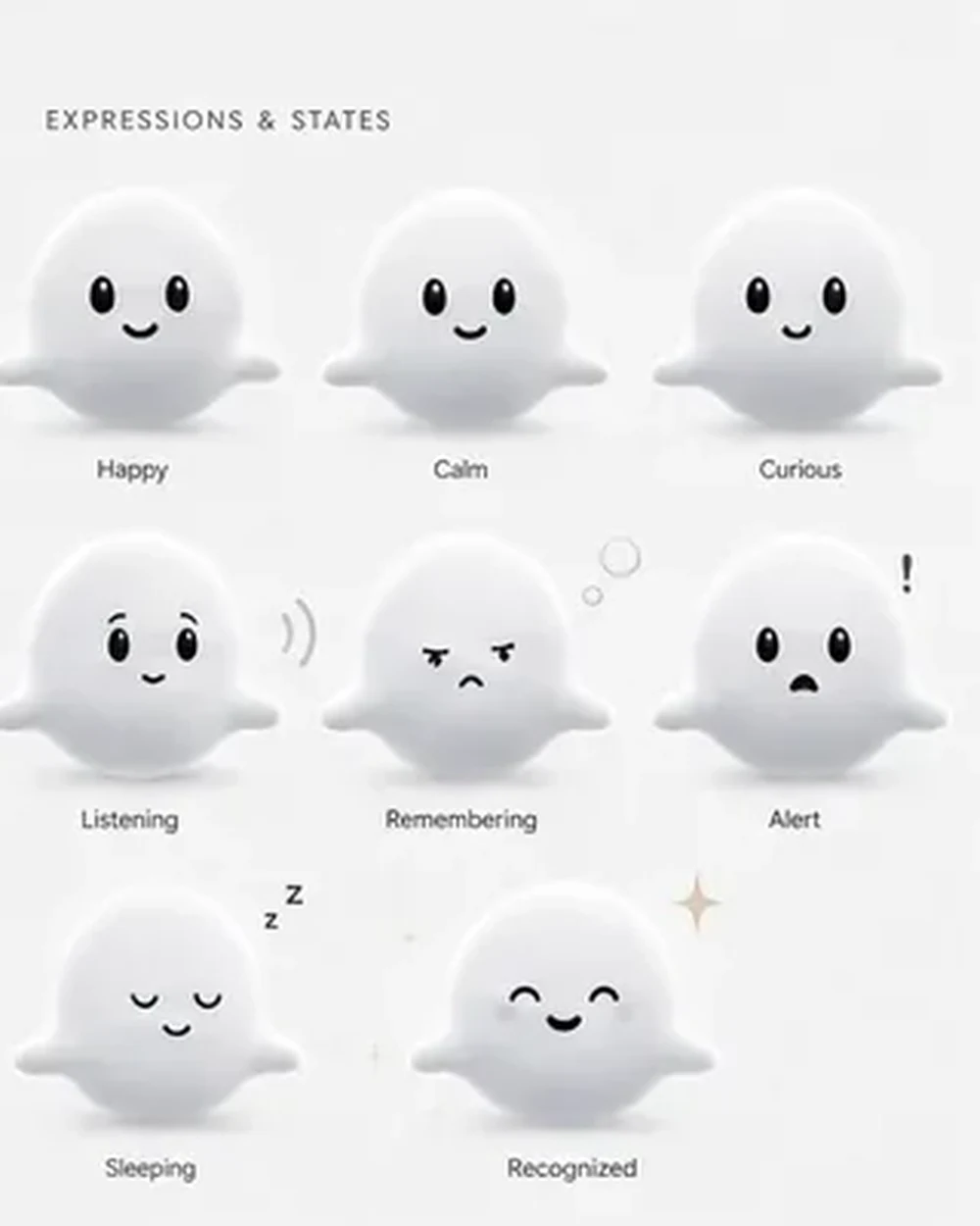 Whisp expressions and states: happy, calm, curious, listening, remembering, alert, sleeping, recognized