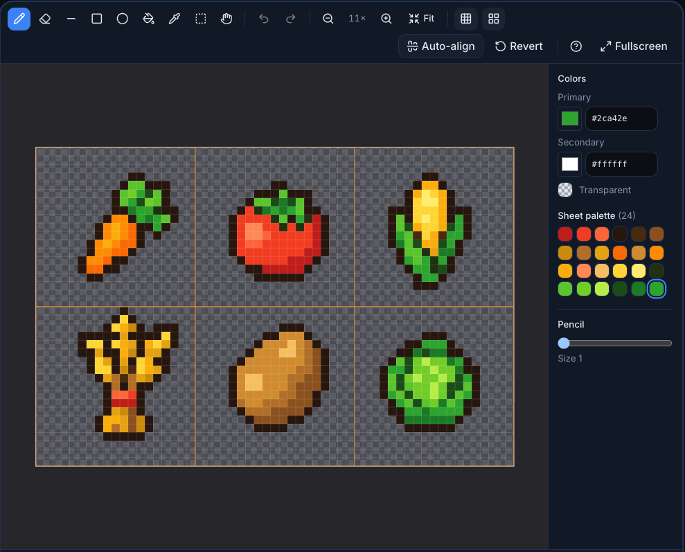 The built-in pixel editor with drawing tools and a sheet palette