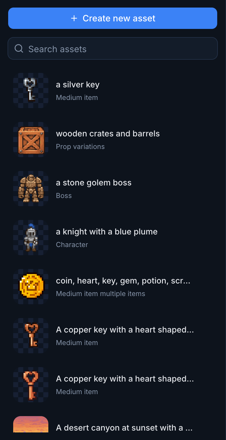The project asset library listing keys, crates, a golem boss, a knight, and items