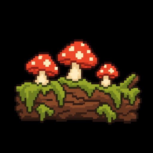 The raw generated image of mushrooms on a mossy log, with soft, uneven pixels