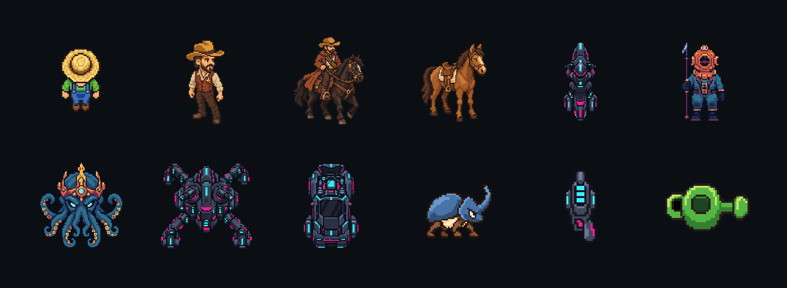 A grid of generated pixel art sprites: a farmer, cowboys, a horse, a diver, a kraken, a mech, a car, a beetle, and tools