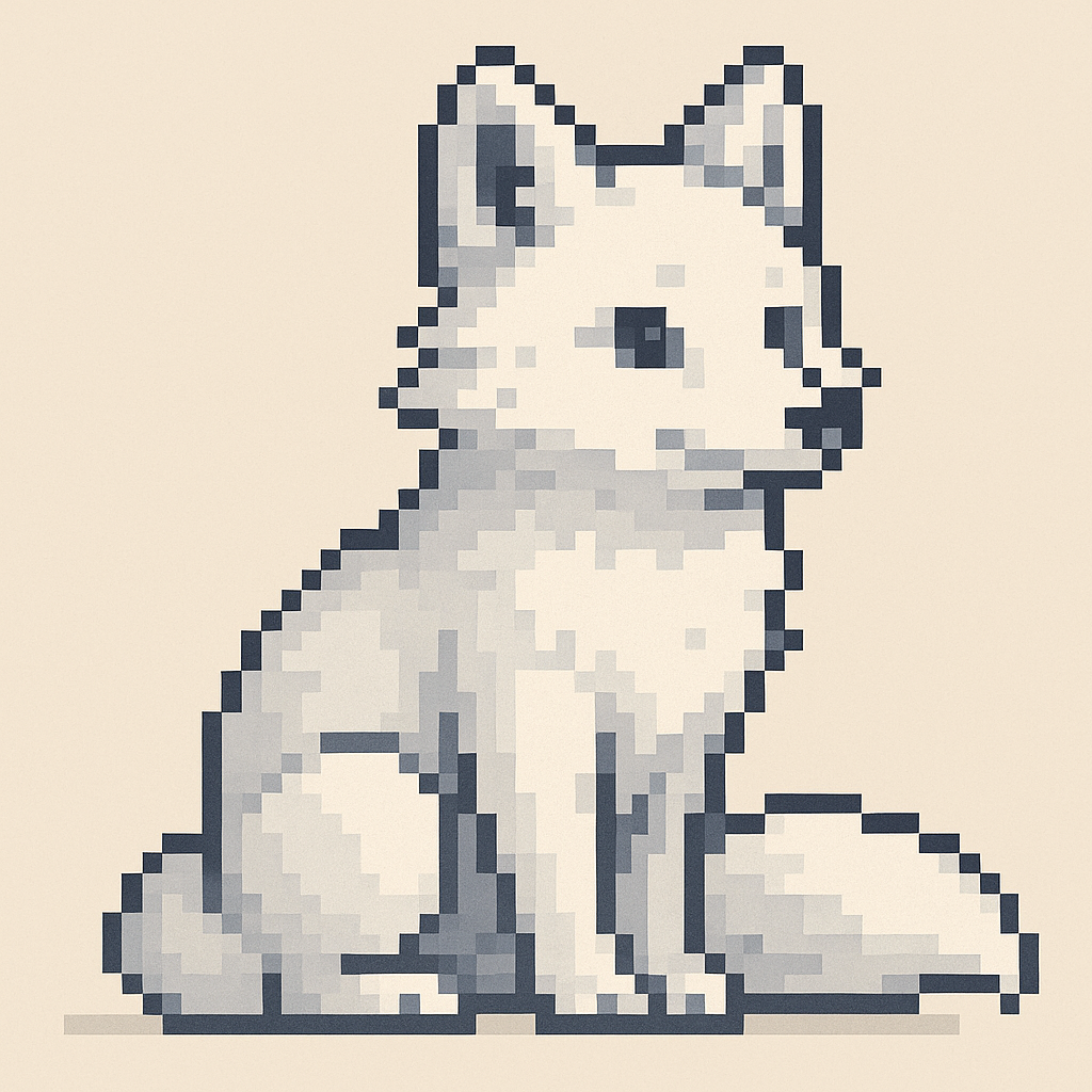 Original AI-generated arctic fox at full size, appearing to be pixel art but containing anti-aliasing and color blending