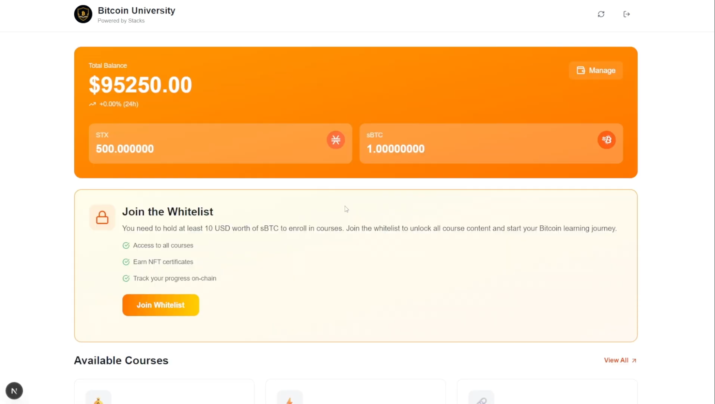 BTCU dashboard showing total balance of $95,250, STX and sBTC holdings, whitelist section, and available courses