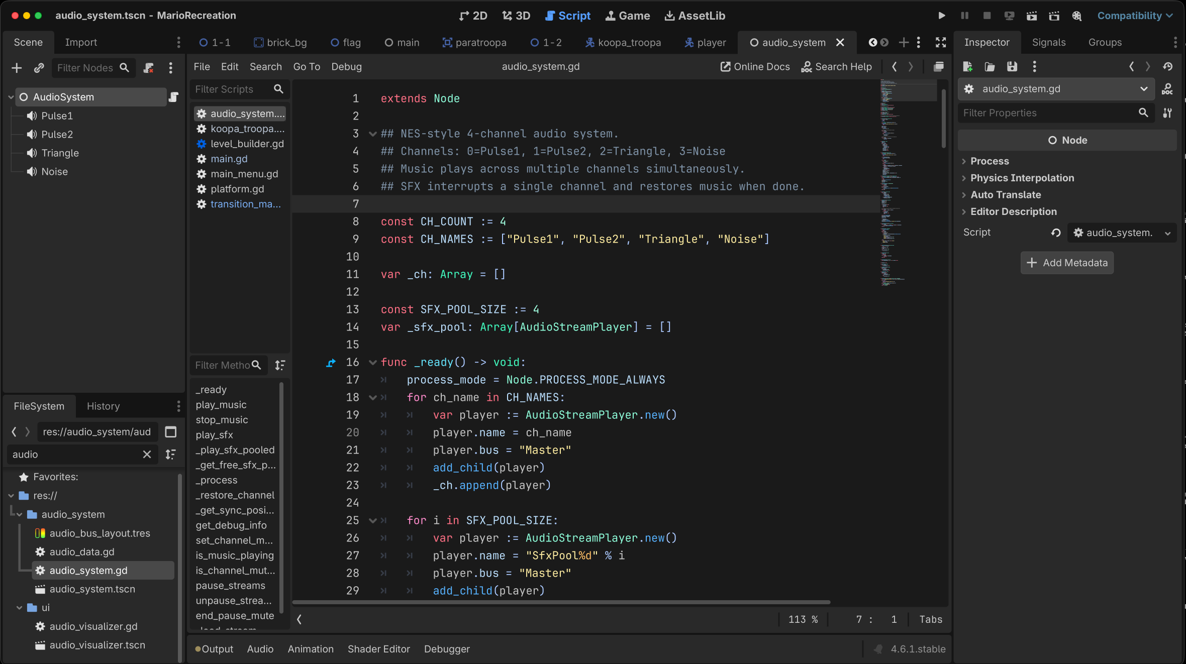 Audio system script and scene tree in the Godot editor