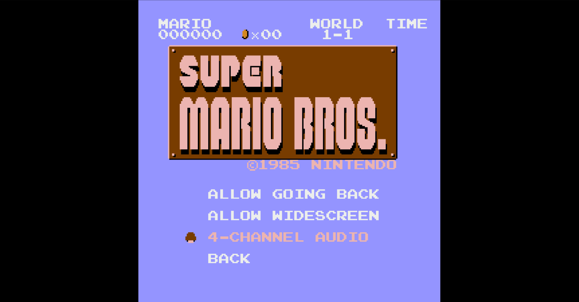 Options menu showing Allow Going Back, Allow Widescreen, and 4-Channel Audio toggles