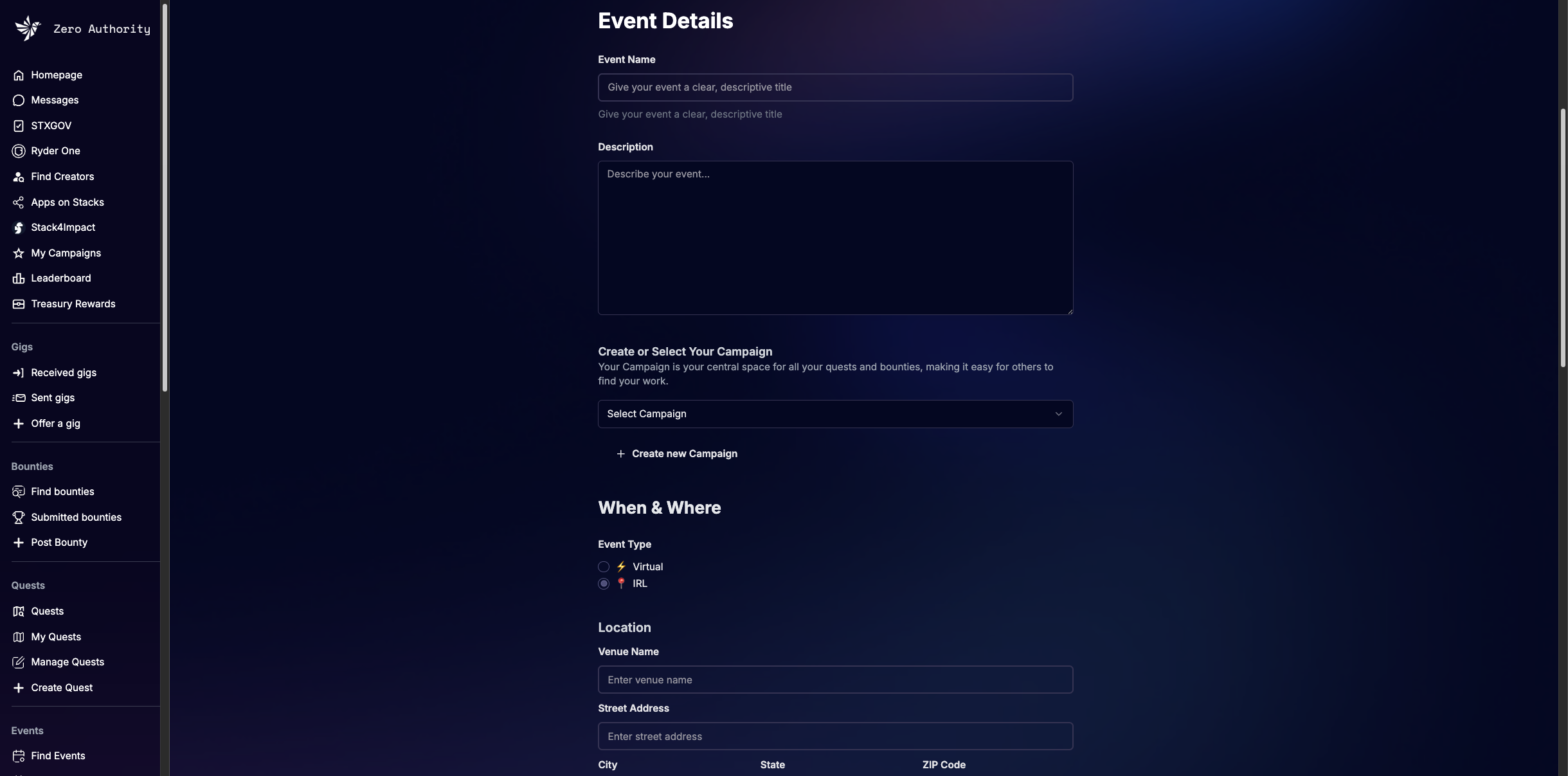 Create event page with event details, scheduling fields, and organizer controls